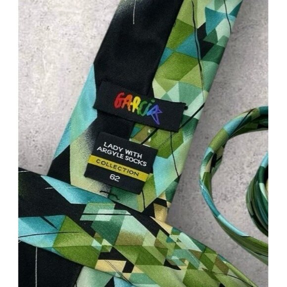 J. GARCIA Silk Tie Black Green Geometric Art W:3.2" EUC - Picture 2 of 5